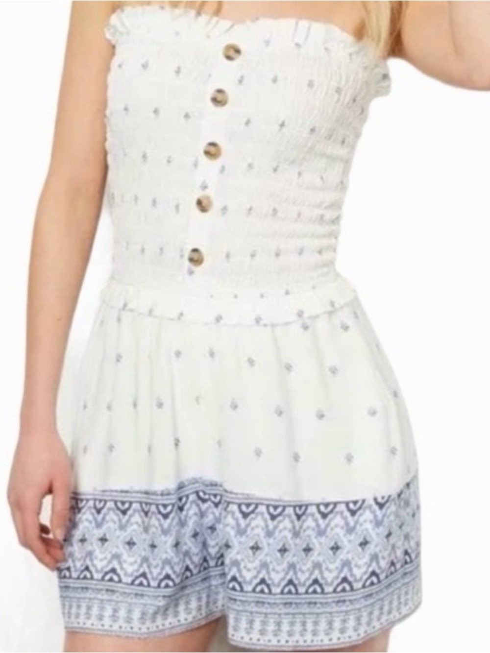 American Eagle Strapless Smocked Romper M White Blue Boho